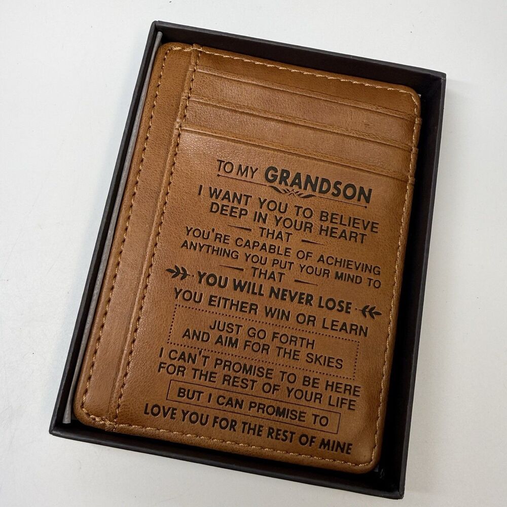 Engraved “To My Grandson” Brown Leather Slim Card Money ID Holder Wallet New